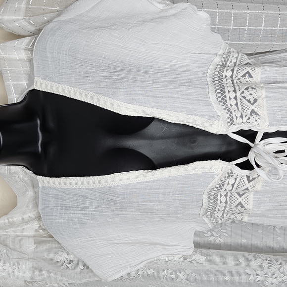 2/$25 or 3/$30 White Boho Maxi Length Kimono Cardigan Duster W/ Tie Front & Lace - Picture 2 of 7